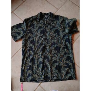 Mens Claiborne Hawaian Shorts Sleeve Button Up Blouse Black With Green Leaves L